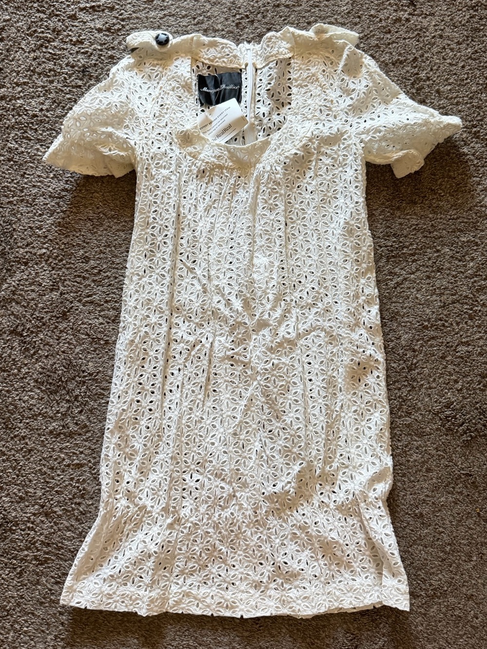 Monique Lhuillier White Eyelet Guipure Lace Ruffle Puff Sleeve Dress